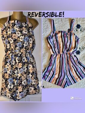 Maurices Floral / Striped-Trim REVERSIBLE Romper in Navy, Baby Blue, Peach. (XL)